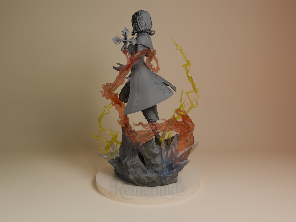 Lune from Expedition 33, viewed from behind, is a painted resin figure on a rocky effects base.
