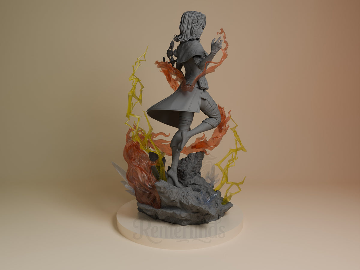 Right-side view of Lune from Expedition 33, a mostly unpainted gray resin figure with colored effects on a rocky sculpted.