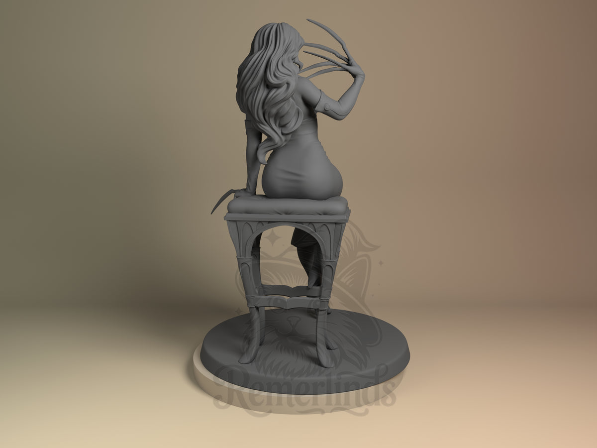 Back view of Lust from Fullmetal Alchemist resin figure, unpainted with raised claws and sculpted base.