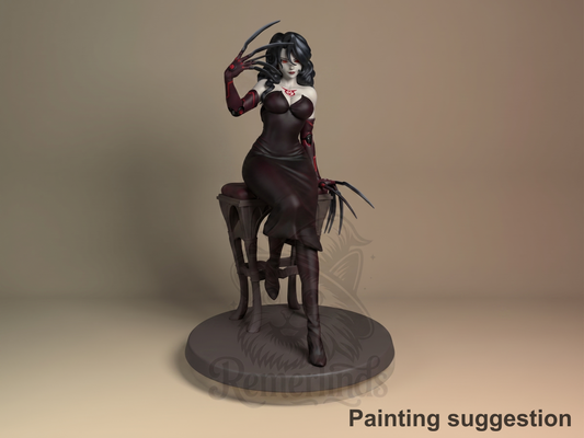 Crimson Temptress Steelbound Alchemist 3D printed resin figure by Nomnom, colored view.
