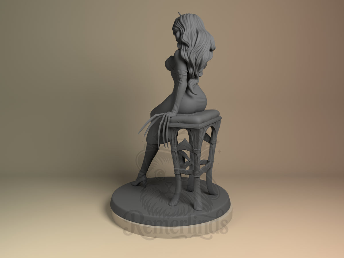 Unpainted resin figure of Lust from Fullmetal Alchemist sits sideways on chair over round base.