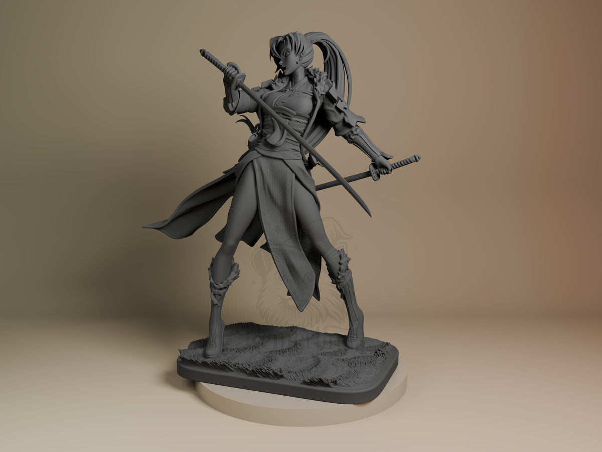 Unpainted gray resin figure of sword-wielding heroine in dynamic pose on textured base, angled three-quarter view showcasing winged back and dual katanas.