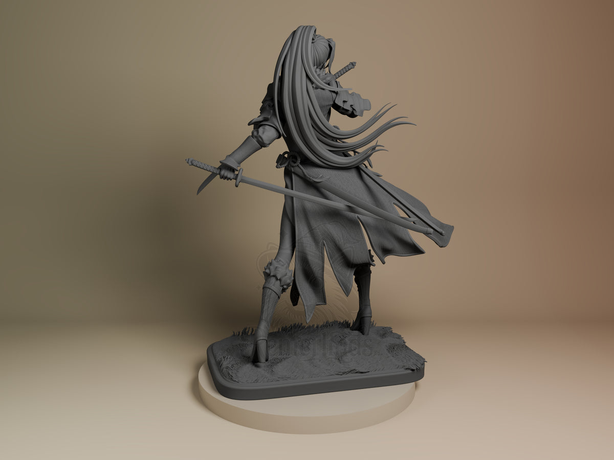 Rear view of unpainted resin figure showing sword-wielding heroine with flowing hair, dual katanas, and billowing cloak on textured base.