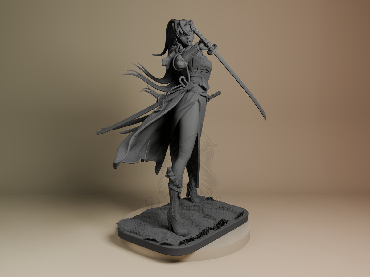 Gray resin figure of sword-wielding heroine from Fire Symbol, shown from front in dynamic pose with flowing hair and cape, unpainted on textured base.