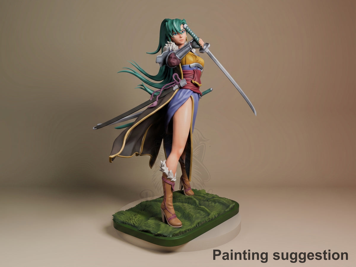 Painted teal-haired swordswoman resin figure in dynamic pose, holding dual blades, wearing purple and gold armor on grass base.