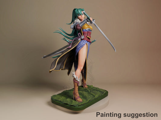 Painted teal-haired swordswoman resin figure in dynamic pose, holding dual blades, wearing purple and gold armor on grass base.
