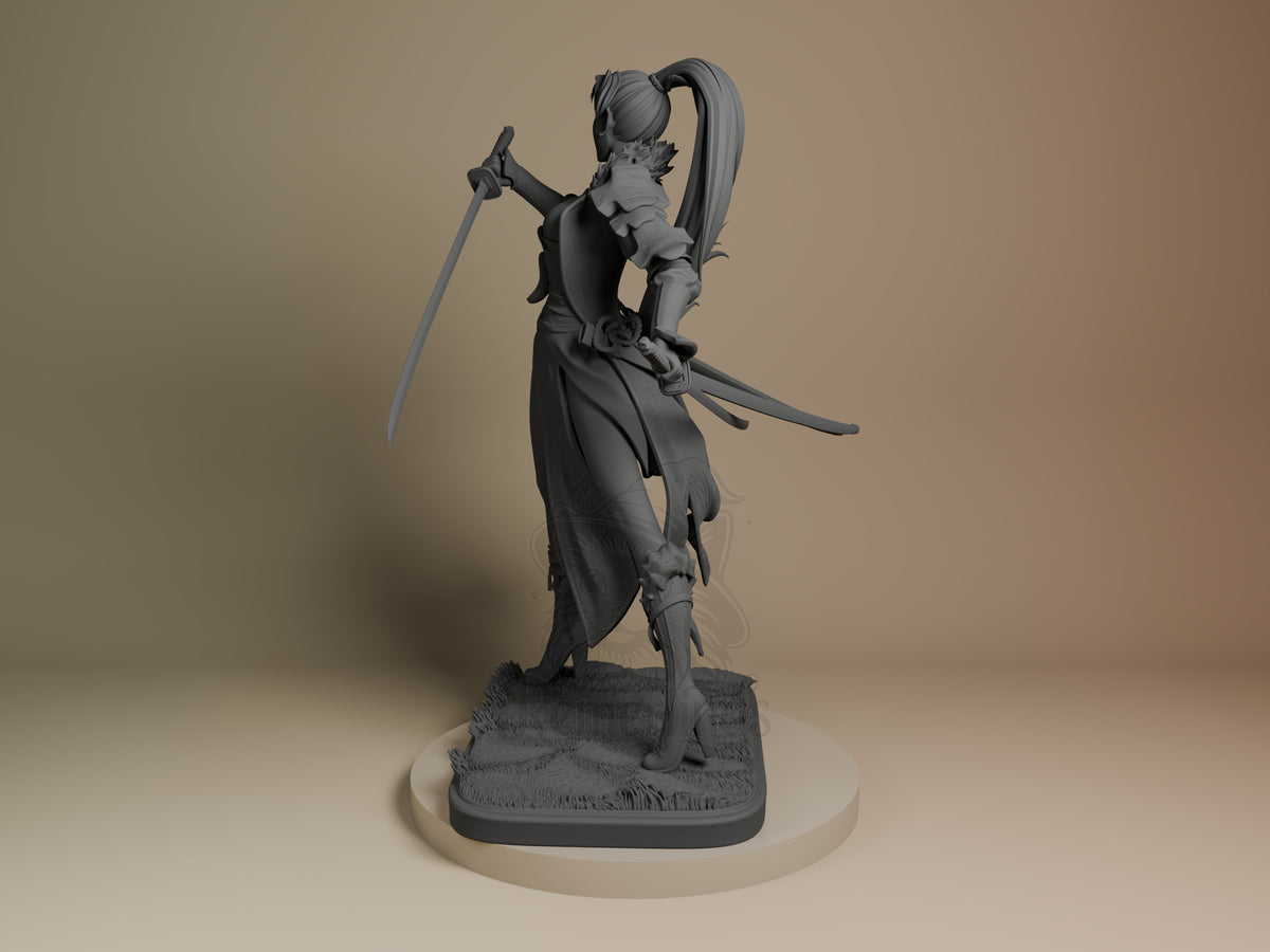 Unpainted gray resin figure of sword-wielding heroine in dynamic pose on textured base, shown from left side angle.