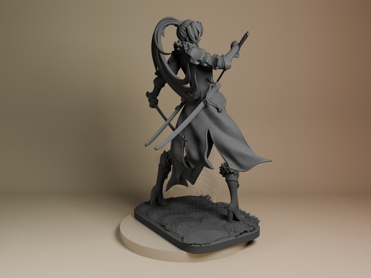 Unpainted gray resin figure of sword-wielding heroine in flowing cape on textured base, shown from right side in dynamic standing pose.