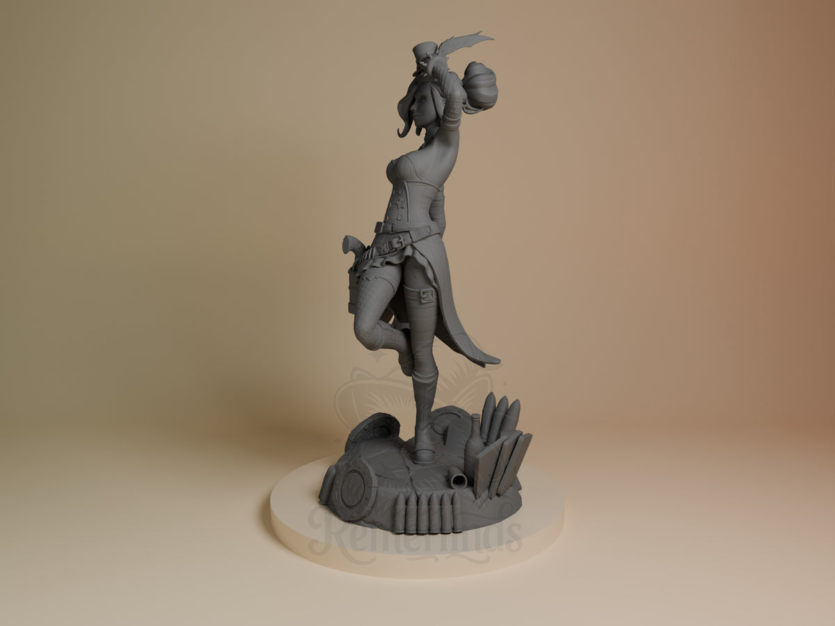 Mad Moxxi from Borderlands shown in side angle as an unpainted resin figure on a sculpted base.
