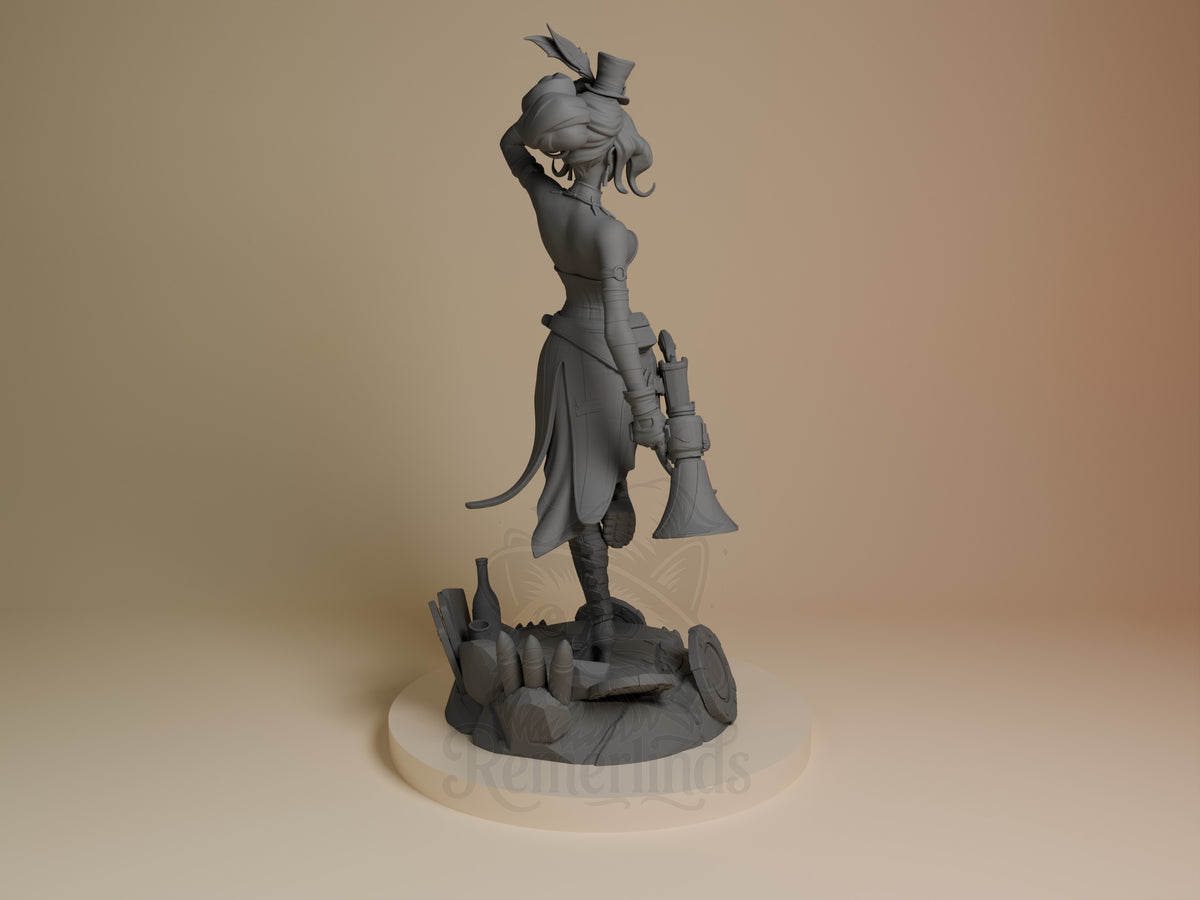 Mad Moxxi from Borderlands is an unpainted resin figure in a back view on a sculpted base.