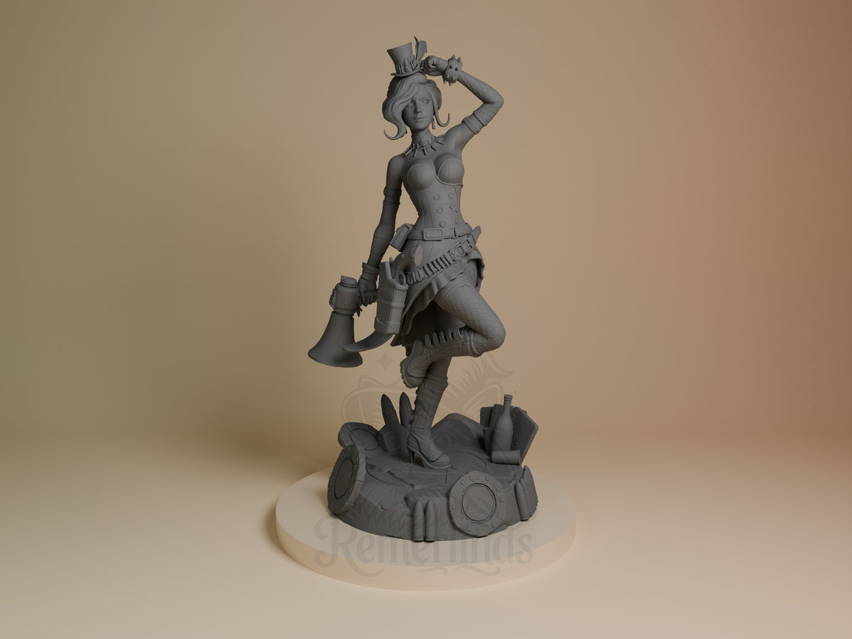Front view of Mad Moxxi from Borderlands, an unpainted resin figure posing on a sculpted themed base.