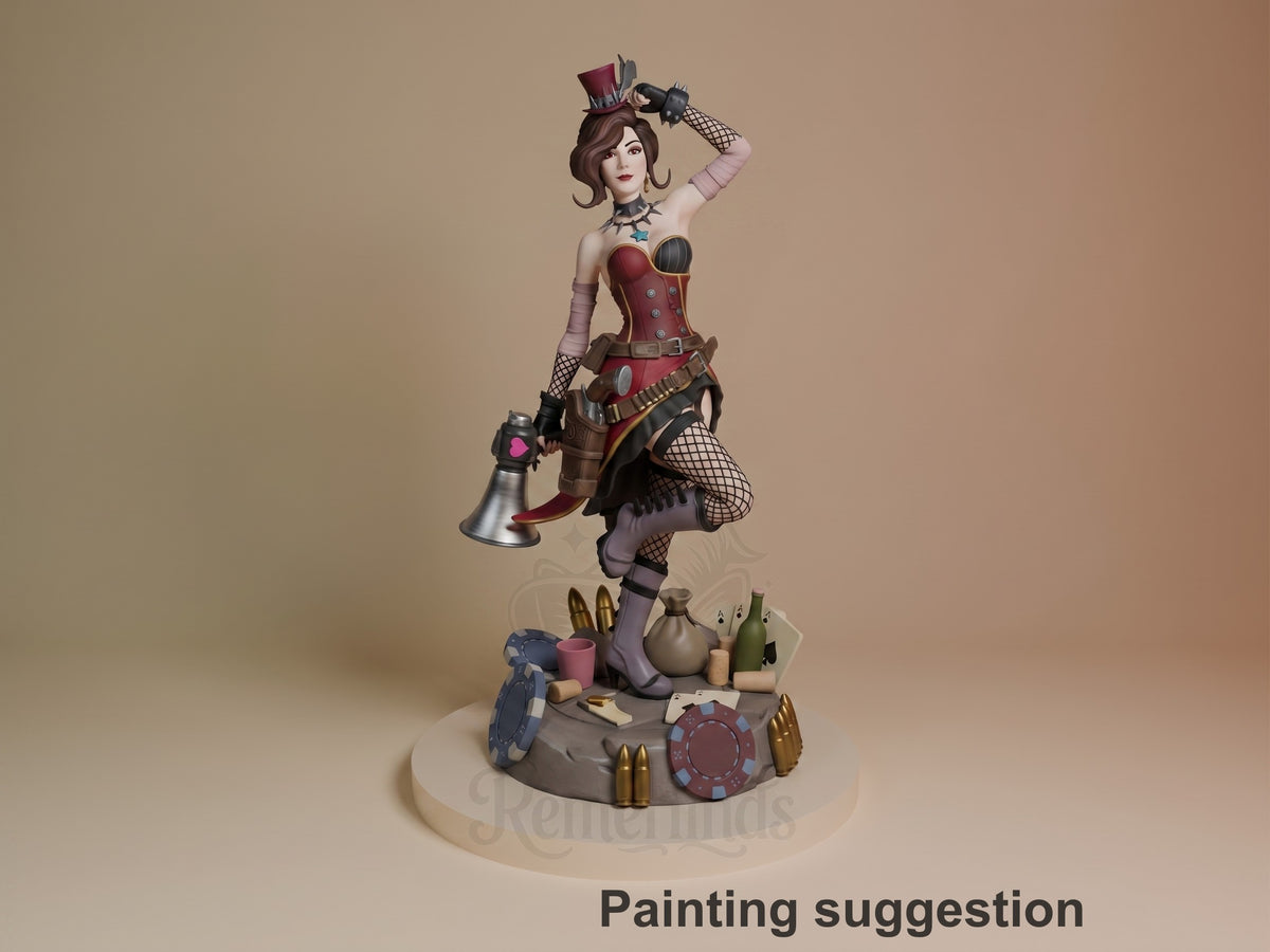 Painted Mad Moxxi from Borderlands resin figure poses with one knee raised on a sculpted gaming base.