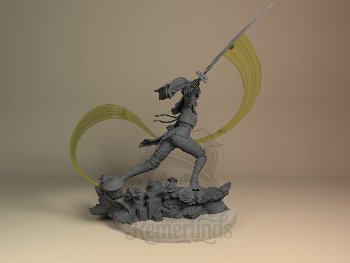 Back view shows unpainted Maelle from Expedition 33 resin figure with raised sword and flowing ribbons.