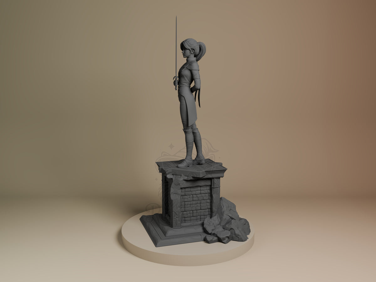 Maelle from Expedition 33 stands in side profile holding a sword atop an unpainted resin figure on a sculpted base.