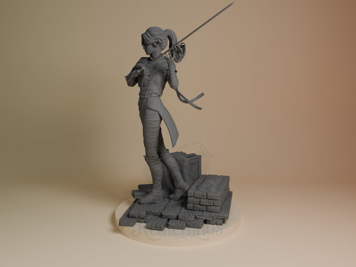 Maelle from Expedition 33 is an unpainted resin figure shown in profile with sword and sculpted book base.