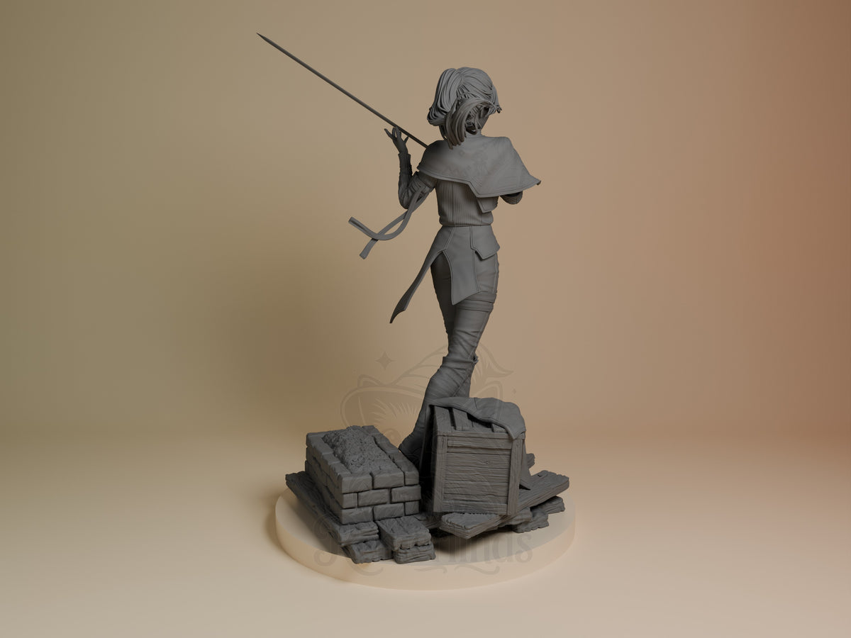 Back view of unpainted Maelle from Expedition 33, a resin figure with sword on a sculpted base.