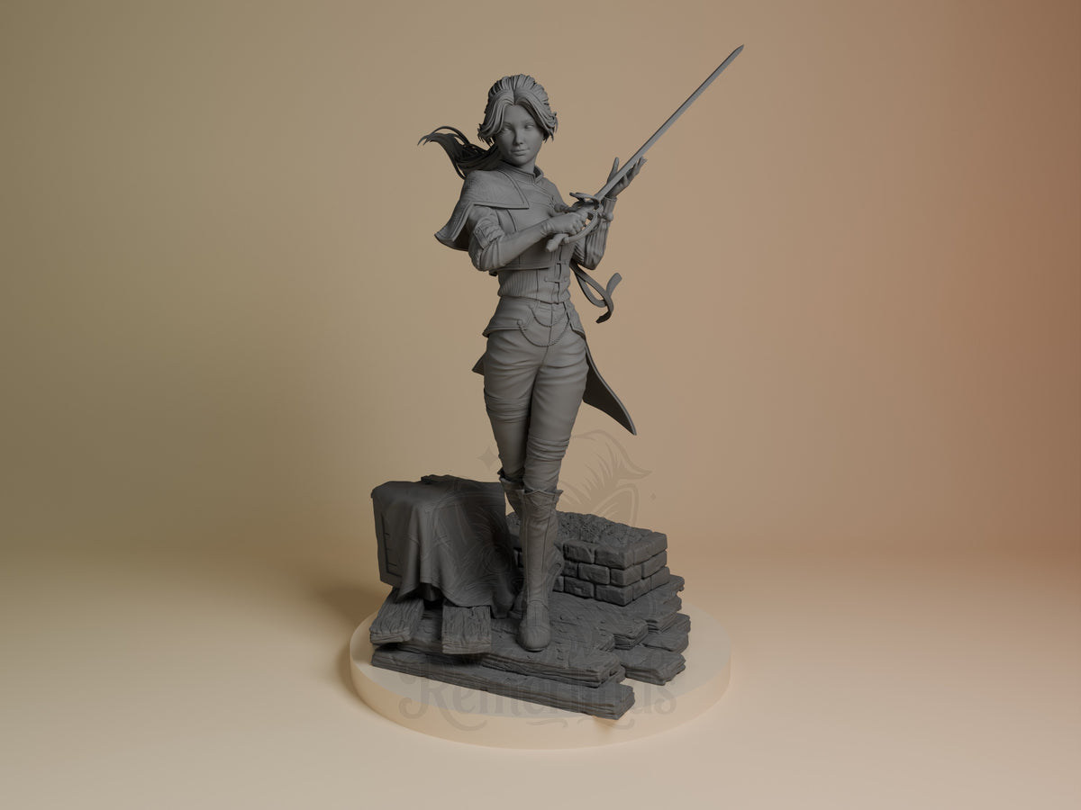 Front-facing Maelle from Expedition 33 is an unpainted resin figure with sword on a sculpted base.