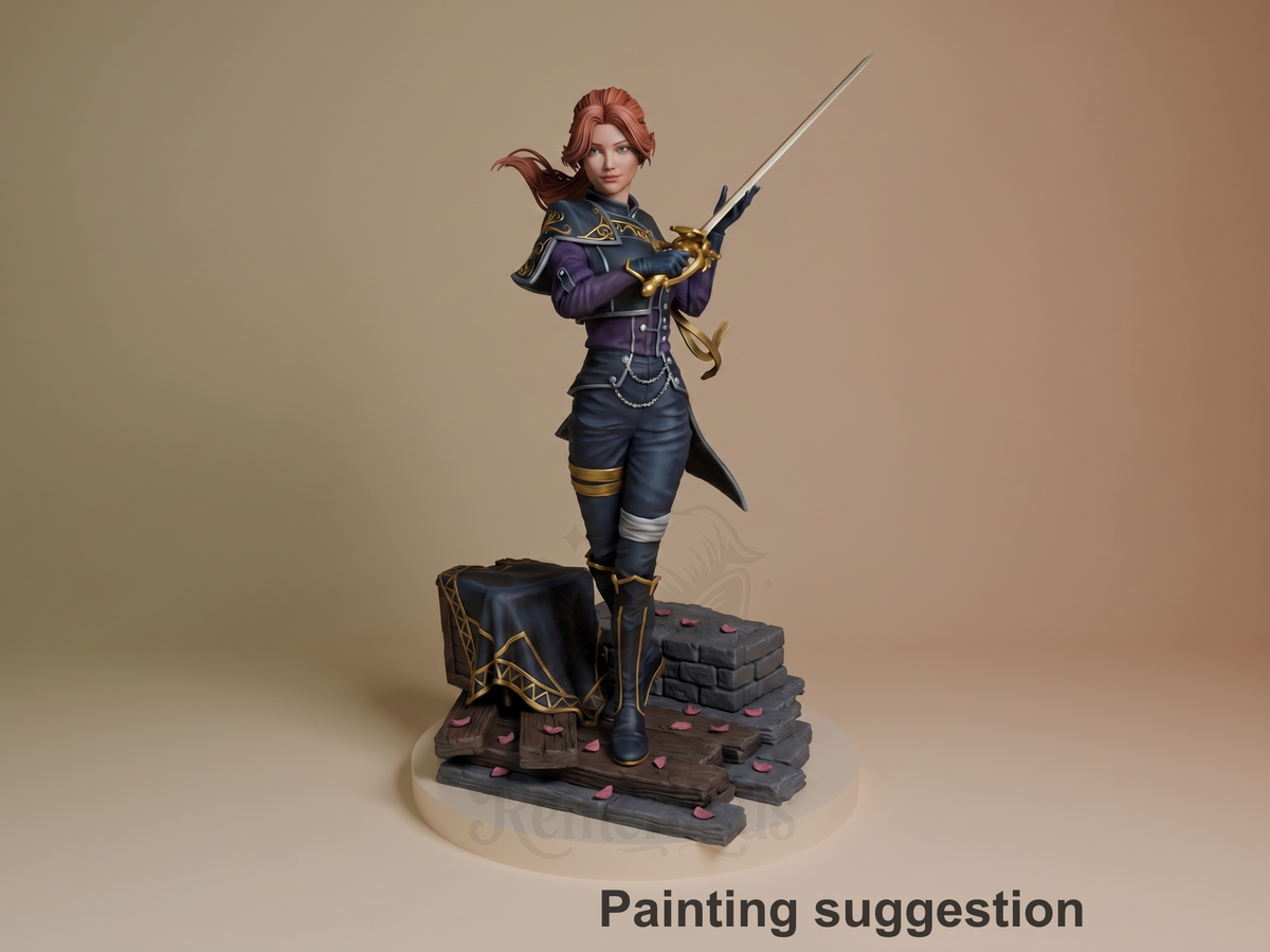 Painted Maelle from Expedition 33 resin figure stands with sword raised on a sculpted base.