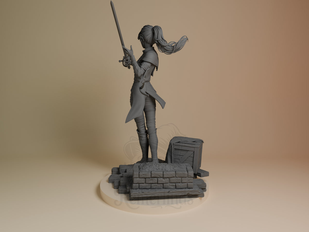 Maelle from Expedition 33 is an unpainted resin figure shown from the back, holding a sword on a sculpted brick base.