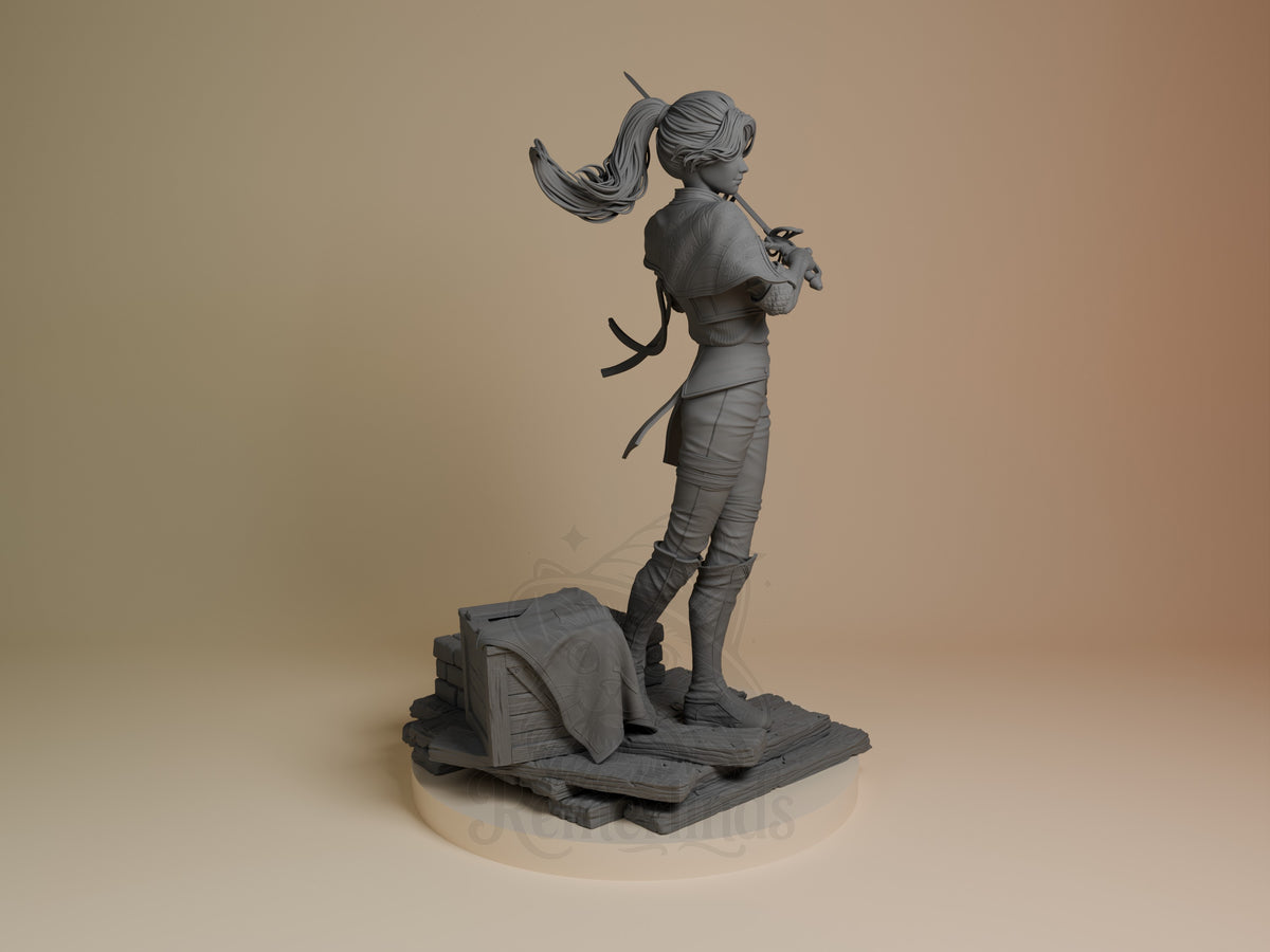 Right-side view of unpainted Maelle from Expedition 33, a resin figure holding a violin on a sculpted base.