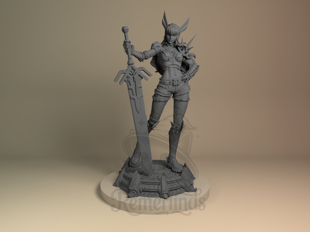 Mystic Guardian Super Rivals 3D printed resin figure by Nomnom, unpainted front view. The figure shows a confident female warrior standing firmly with a large, stylized sword planted on the ground. She wears asymmetrical armor featuring spikes and intricate details, paired with rugged clothing and boots. The base complements her impose with a design suggesting a fusion of mechanical and magical motifs.