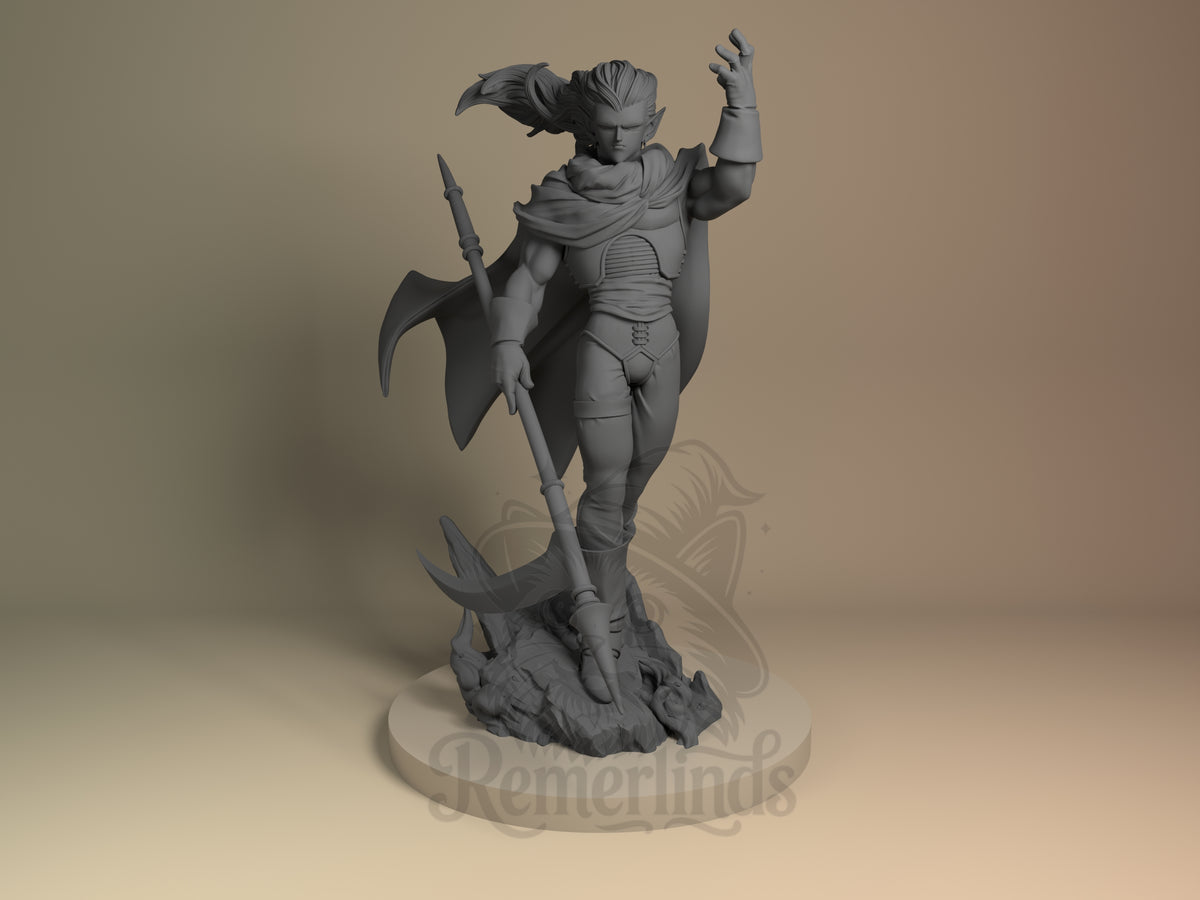 Magus Chrono Trigger 3D printed resin figure by Nomnom, unpainted front view. The 3D printed resin figure depicts Magus from Chrono Trigger in a heroic standing pose with dynamic flowing cape and hair conveying motion. He grips a long, curved staff weapon that rests on a detailed rocky base with skulls, adding a dark fantasy atmosphere. The sculpt includes finely detailed armor and clothing, enhancing the character's iconic look in an engaging composition.