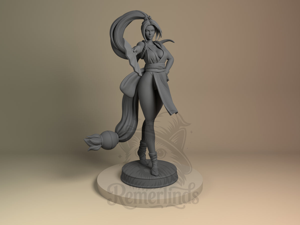 Scarlet Fan Dancer Monarch of Brawlers 3D printed resin figure by Nomnom, unpainted front view. The figure depicts the character in a confident standing pose with a fan as the main prop, emphasizing elegance and readiness. The detailed hair sculpt and flowing clothing elements add dynamic movement to the composition. The overall design captures the character's grace and fighting spirit while standing on a stylized circular base.