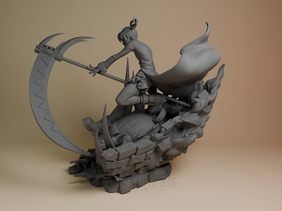 Maka from Soul Eater is an unpainted resin figure crouching side-on, with a scythe and flowing cloak on a rocky base.