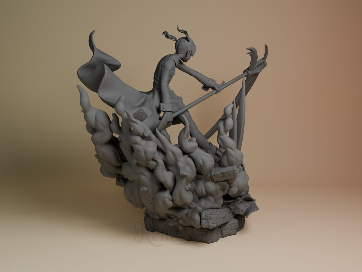Back view of Maka from Soul Eater, an unpainted resin figure wielding a scythe on a sculpted base.