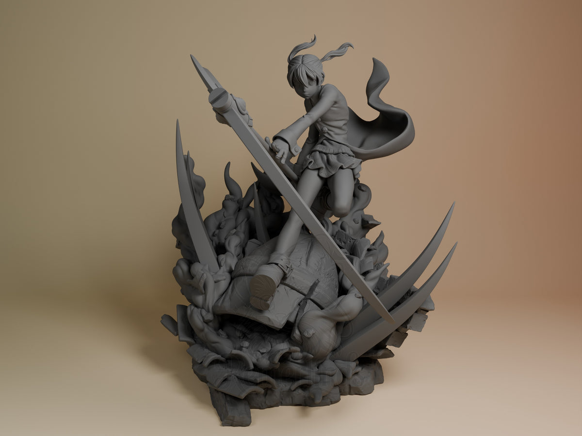 Front-facing Maka from Soul Eater is an unpainted resin figure with a scythe on a sculpted base.