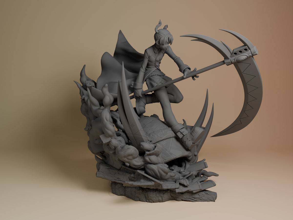 Maka from Soul Eater is seated at a three-quarter angle, holding a scythe on a sculpted unpainted resin figure base.