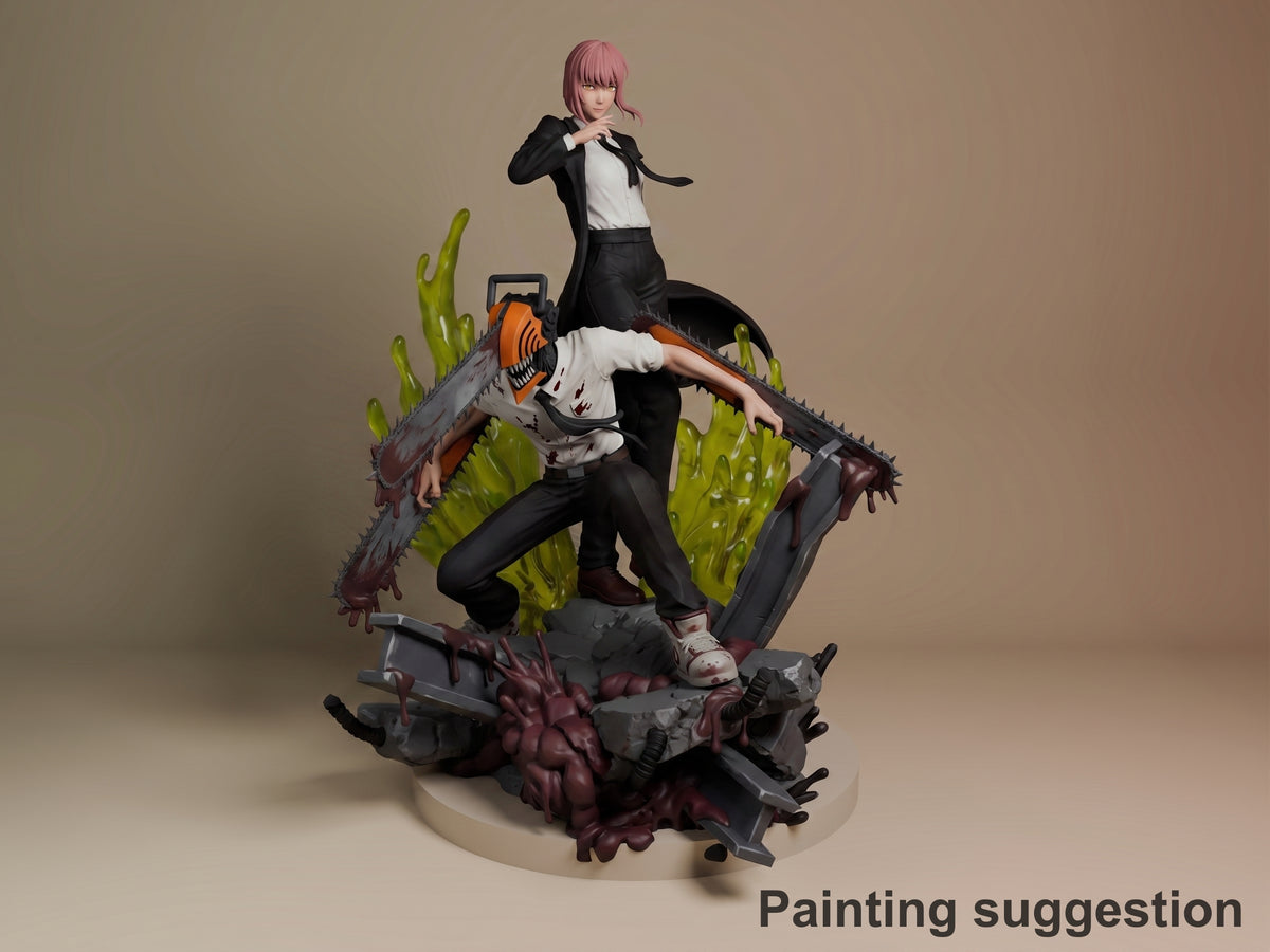 Painted Makima and Denji resin figure from Chainsaw Man posed together on a sculpted base.