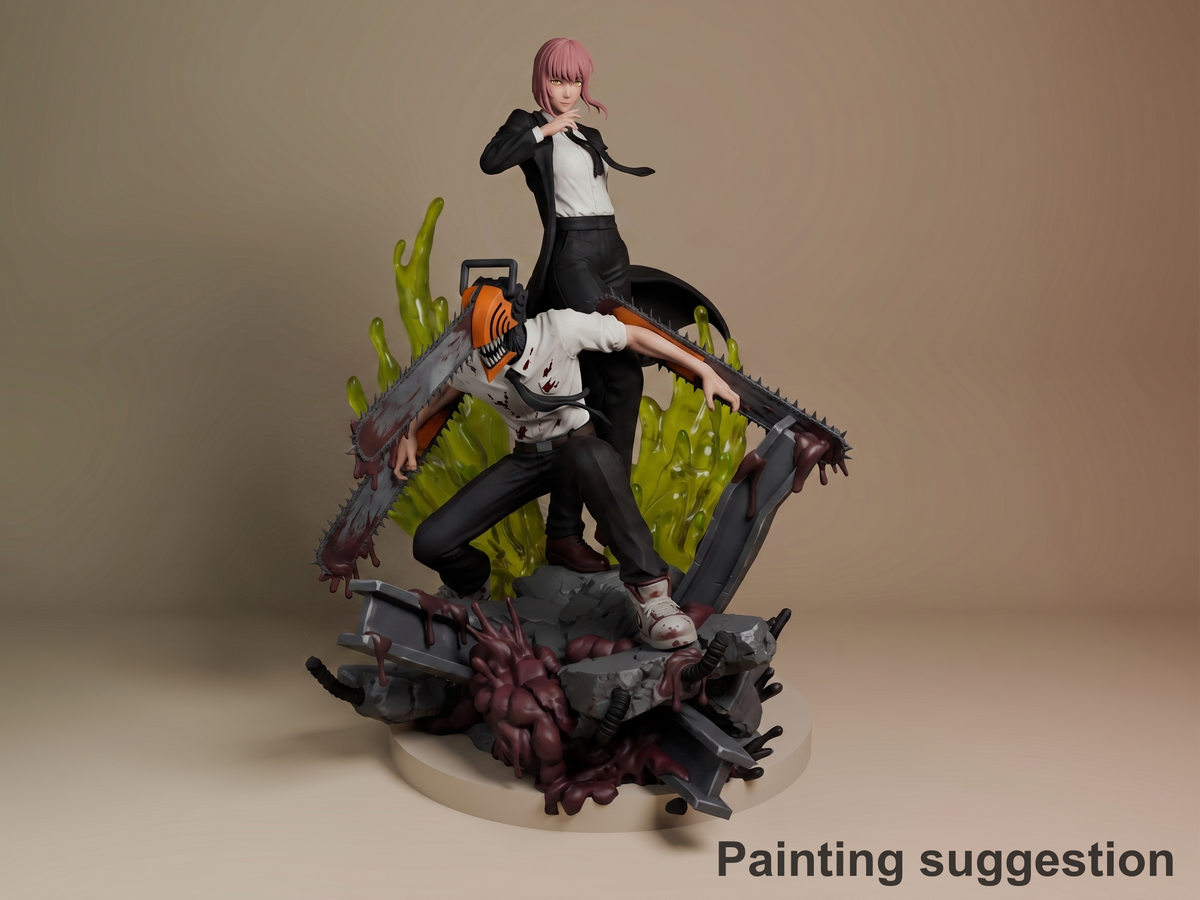 Demon Duo Chainblade Saga 3D printed resin figure by Nomnom, colored view.