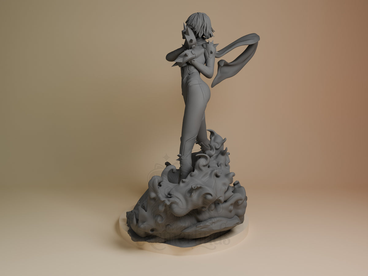 Makoto Nijima resin figure from Persona 5, unpainted gray, posed on ornate base, side angle view showing full pose and sculpted details.