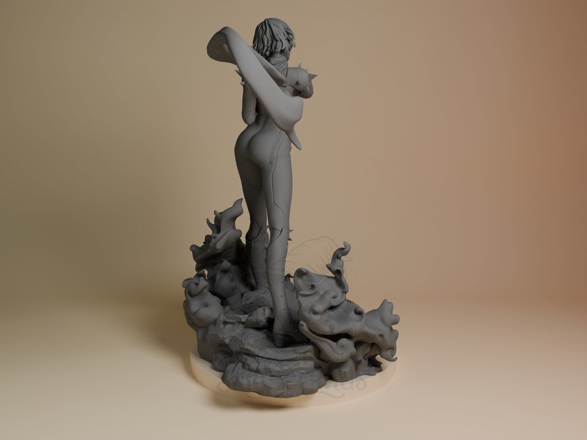 Makoto Nijima resin figure from Persona 5, back view, unpainted gray, holding scroll aloft with child figures on rocky base.