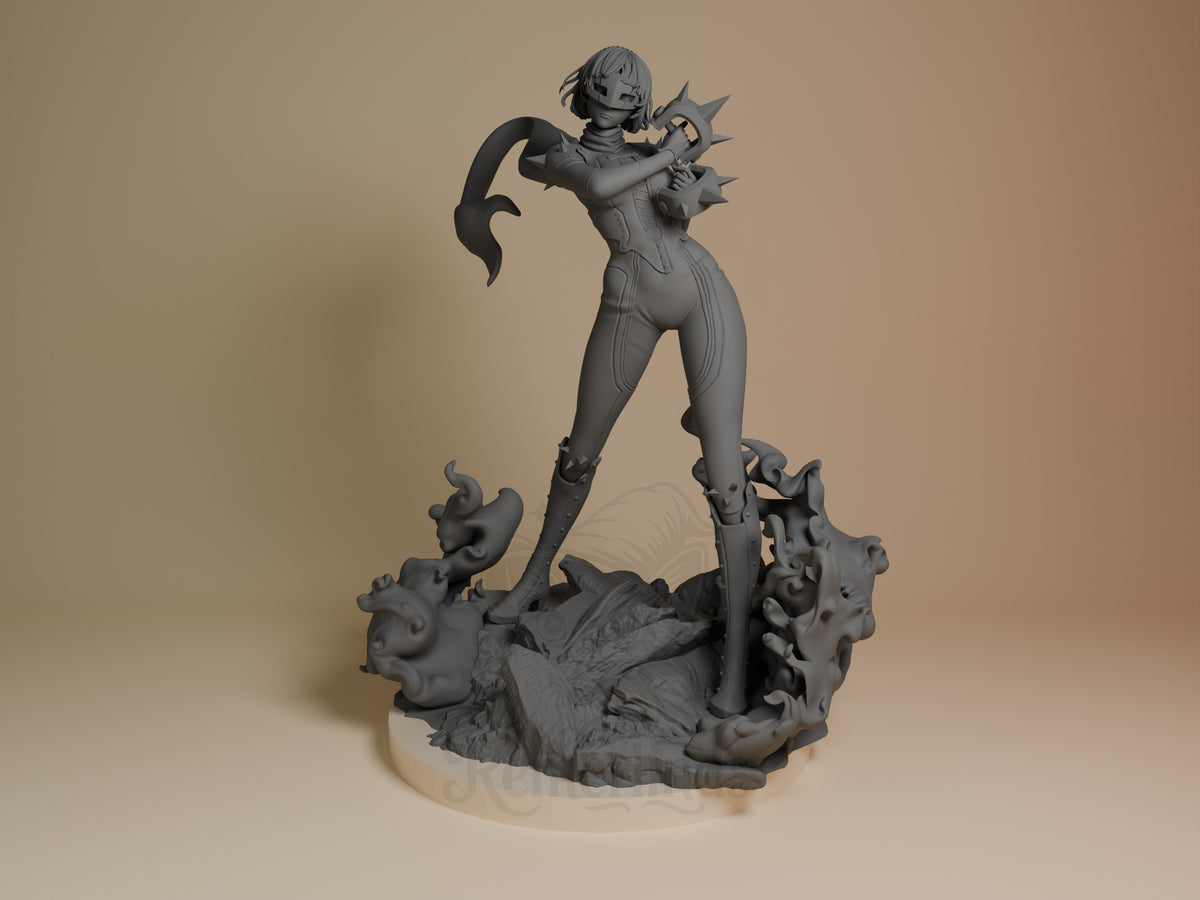 Makoto Nijima resin figure from Persona 5, unpainted gray, front view standing on demon base with weapon raised, 3D printed collectible.