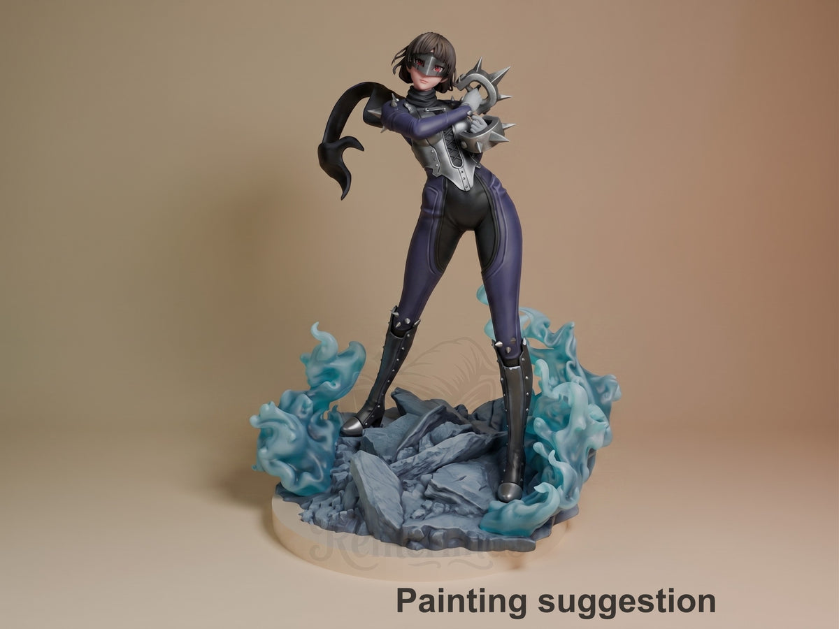 Makoto Nijima resin figure in dynamic pose holding spiked weapon, dark purple outfit, painted with teal water effects base, standing against neutral backdrop.