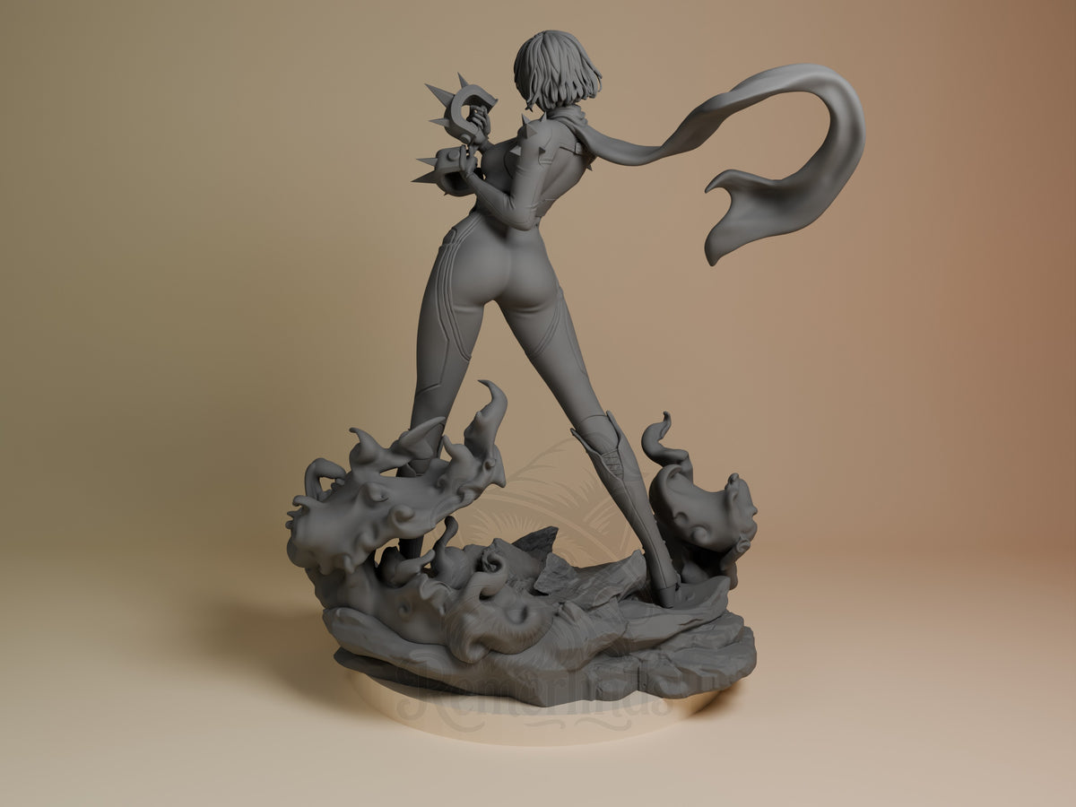 Makoto Nijima resin figure from Persona 5, unpainted gray, shown from left side standing on demon base with tail raised, holding weapon aloft.