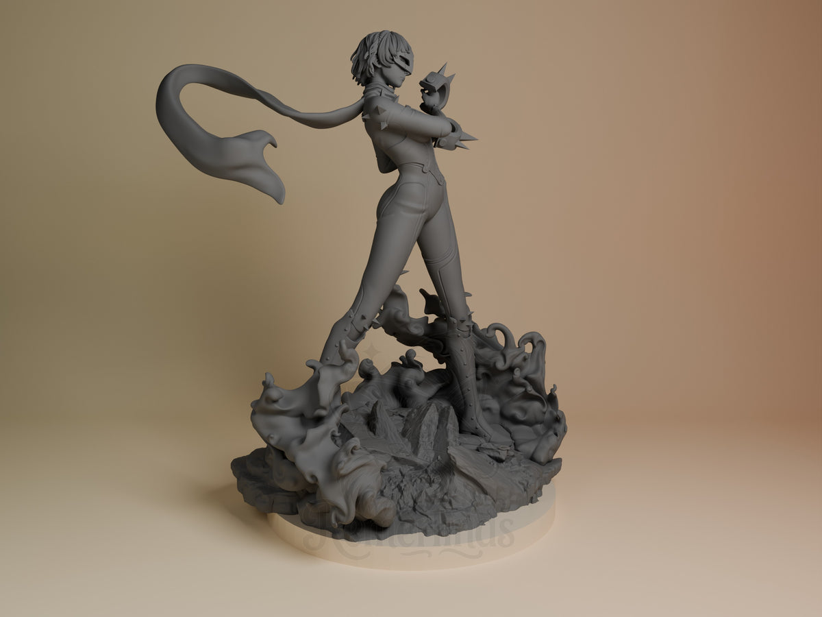 Makoto Nijima resin figure from Persona 5, shown from right side in unpainted gray, standing with whip and demon companion on detailed base.