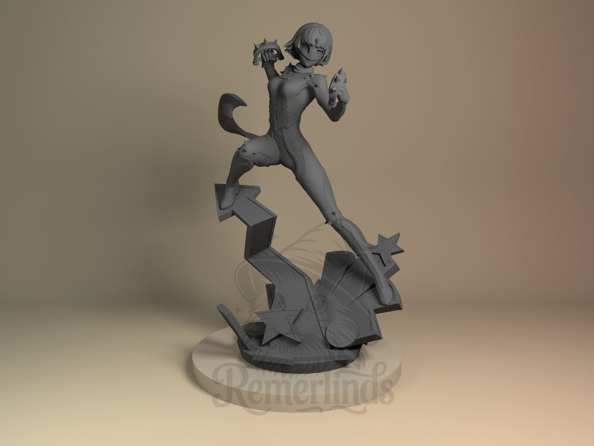 Unpainted Makoto Nijima, Persona 5 resin figure, front view on sculpted base.