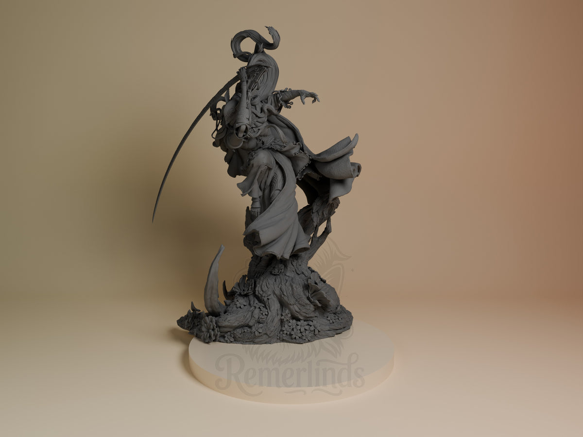 Malenia resin figure from Elden Ring shown at an angle, unpainted grey, mid-attack pose with sword raised, dramatic flowing cloak, detailed creature base with spikes.