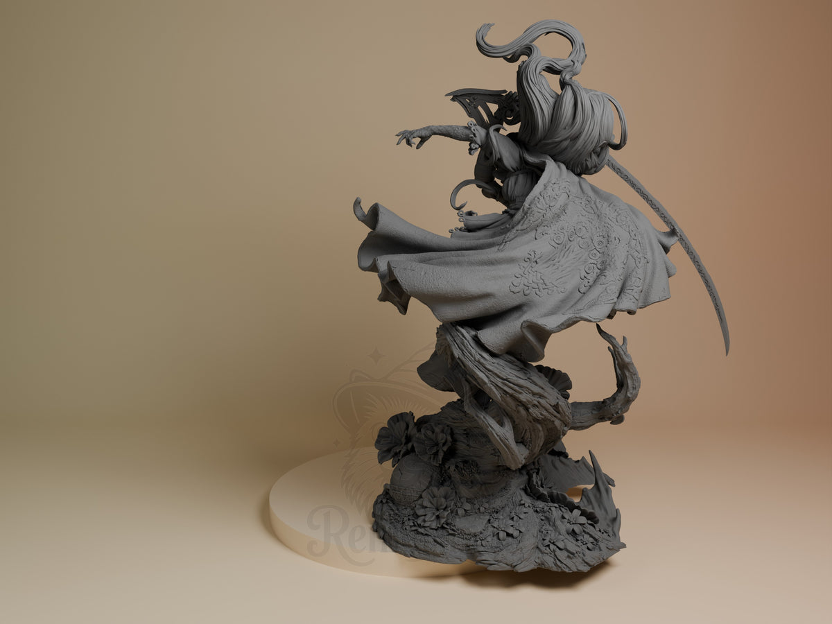 Malenia resin figure from Elden Ring shown from behind, displaying her flowing cloak with ornate detailing, curved blade, and textured base. Unpainted gray figure.