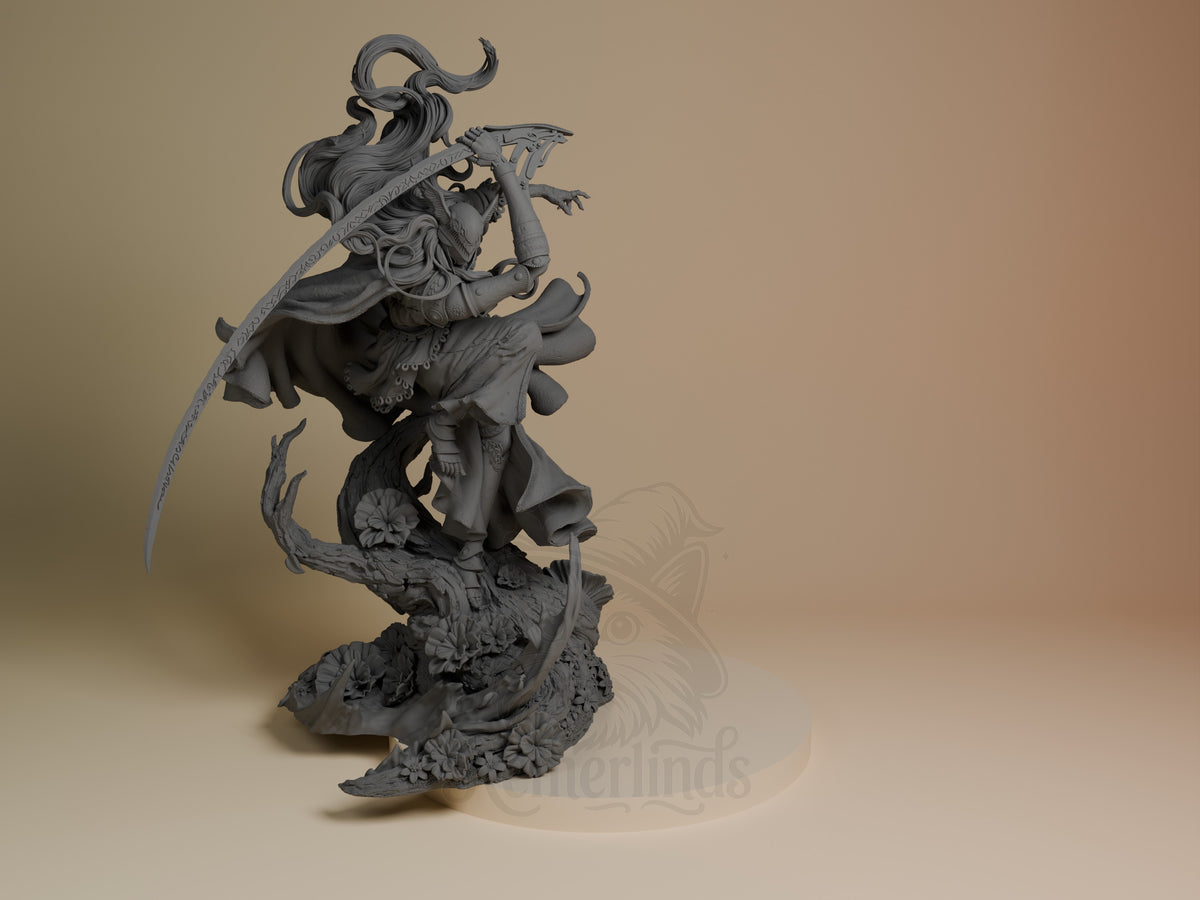 Malenia resin figure from Elden Ring shown from front angle, unpainted gray, wielding curved blade with dynamic pose on detailed base.