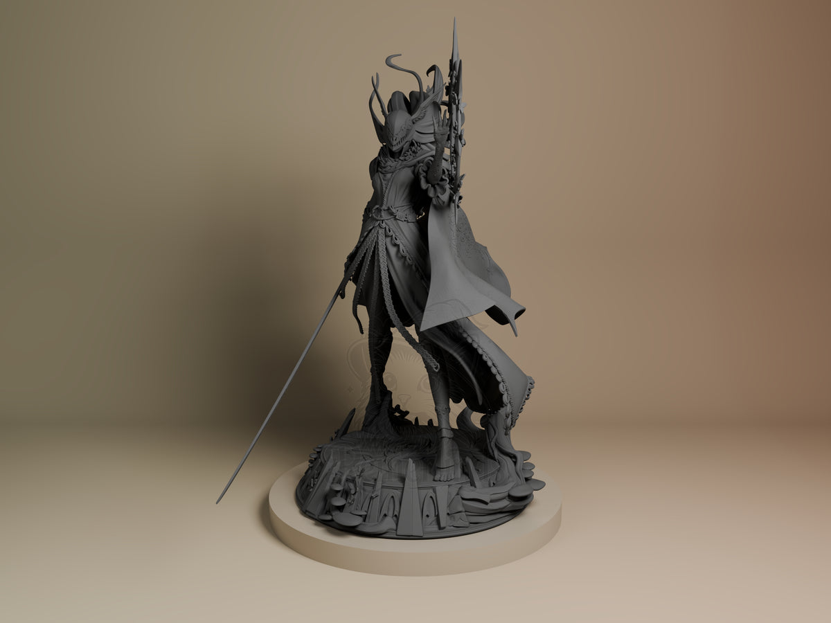 Malenia from Elden Ring is an unpainted resin figure, front-facing with sword and cape on a sculpted base.