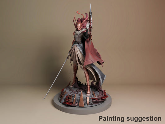 Malenia resin figure from Elden Ring standing on detailed base, holding spear aloft, painted in rose and cream tones with flowing cape, three-quarter view.
