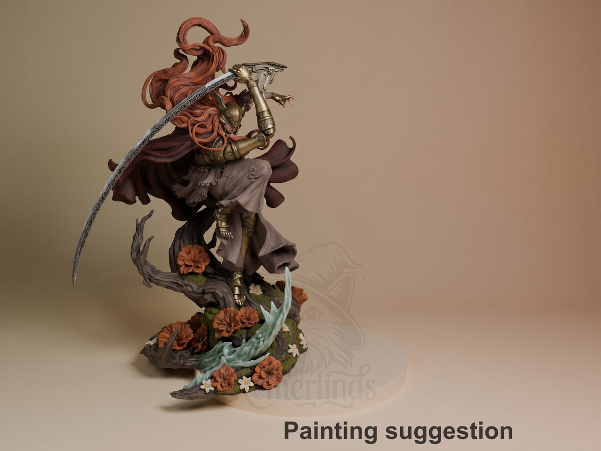 Malenia resin figure from Elden Ring shown painted in dynamic pose wielding curved blade, flowing red hair and dark robes on ornate floral base.