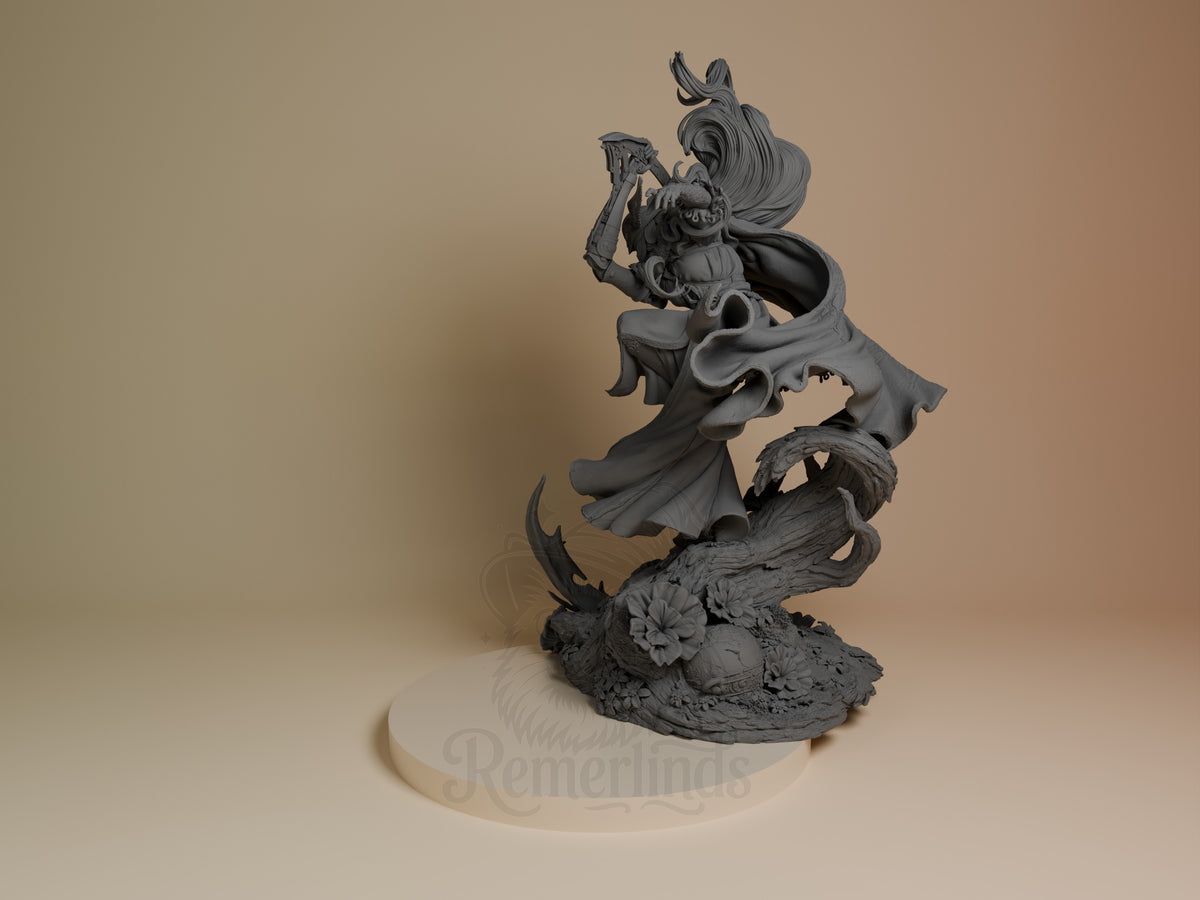 Malenia resin figure from Elden Ring shown from left angle, unpainted gray, mid-dynamic pose on textured base with flowing cloak detail.