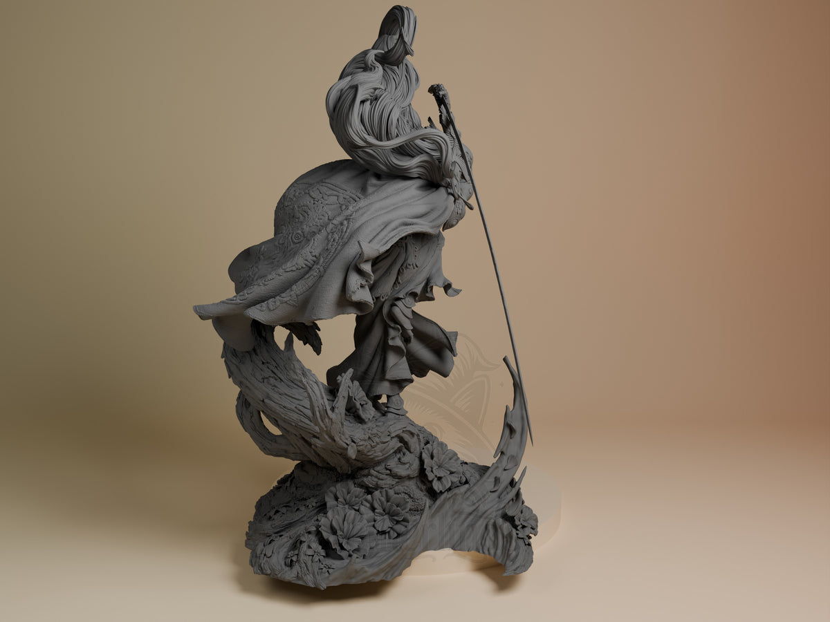 Malenia resin figure from Elden Ring shown from right side, unpainted gray, poised on ornate base with flowing hair and cape details.