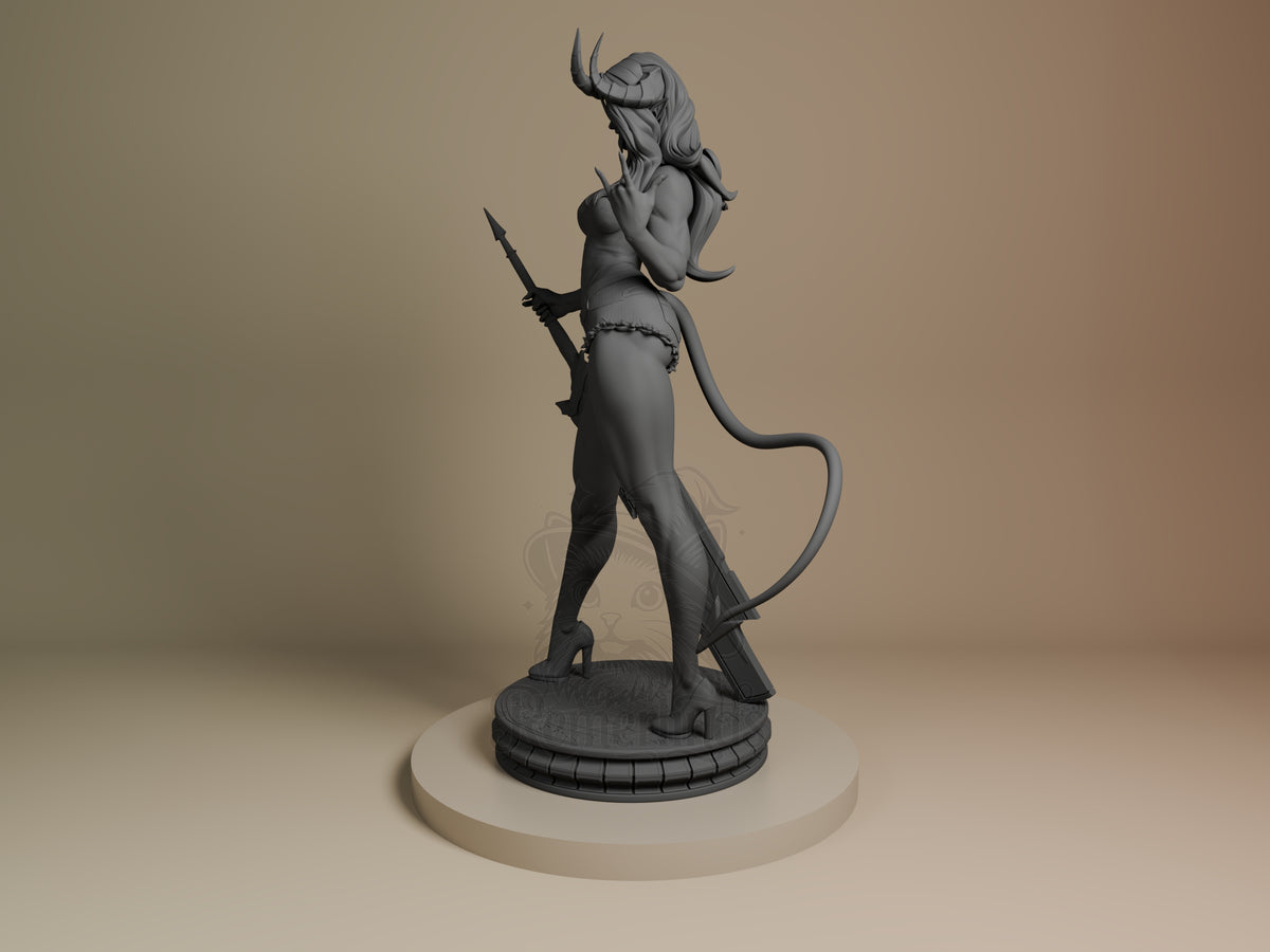 Malevola from Dispatch resin figure shown at angle, displaying demonic horns, tail, spear weapon, and detailed base on cream backdrop.