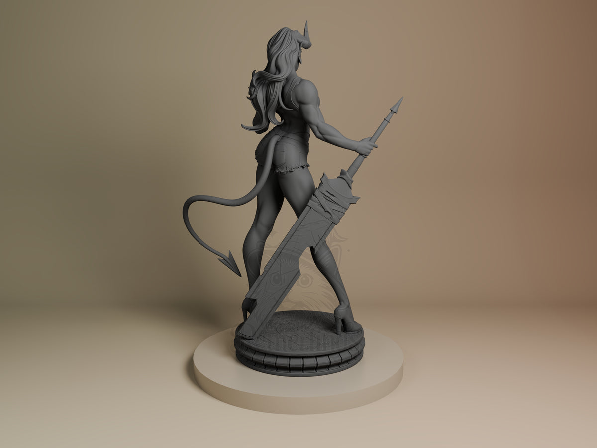 Malevola resin figure from Dispatch by Bulkamancer, shown from back view in unpainted gray resin, posed with staff and tail on circular base.